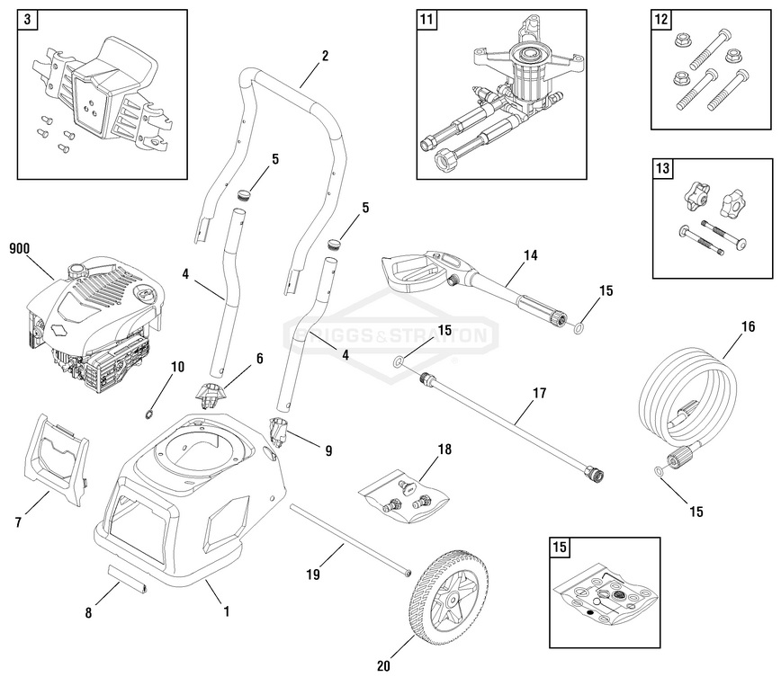 Briggs & Stratton pressure washer model 020594 replacement parts, pump breakdown, repair kits, owners manual and upgrade pump.