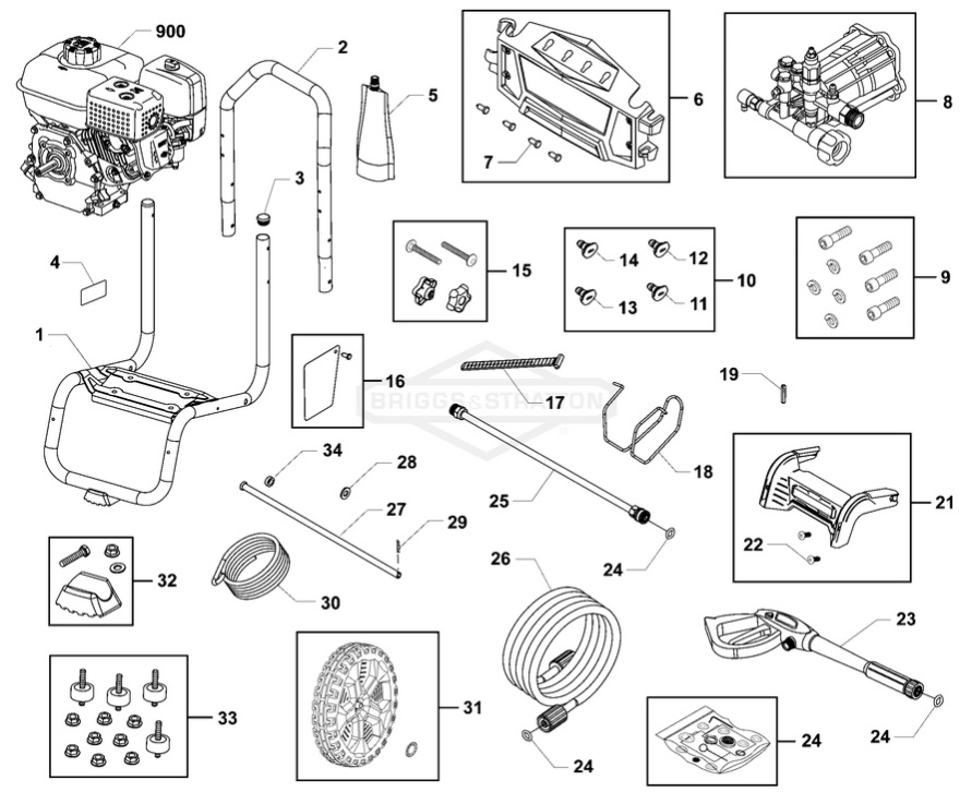 Briggs & Stratton pressure washer model 020803 replacement parts, pump breakdown, repair kits, owners manual and upgrade pump.