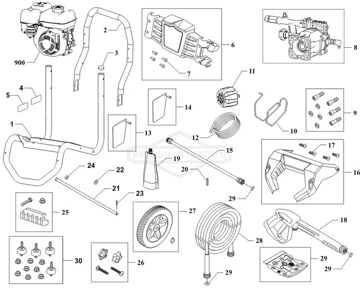 Briggs & Stratton pressure washer model 020830 replacement parts, pump breakdown, repair kits, owners manual and upgrade pump.