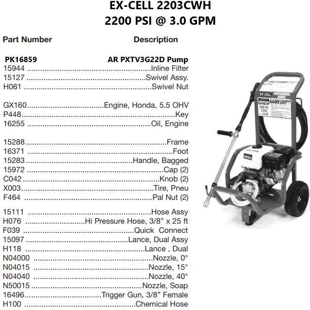 EX-CELL 2203CWH power washer repair parts