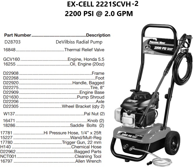 EX-CELL 2221SCVH-2 power washer repair parts