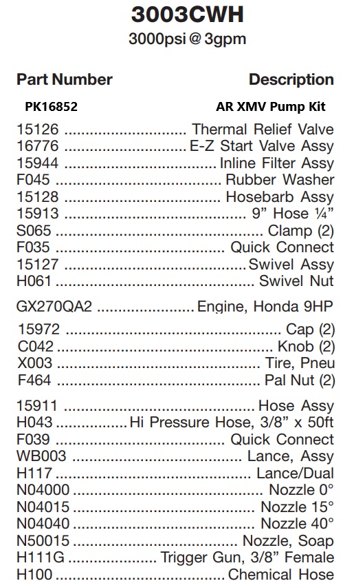 DEVILBISS model 3003CWH power washer parts