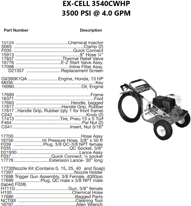 DEVILBISS model 3540CWHP power washer parts