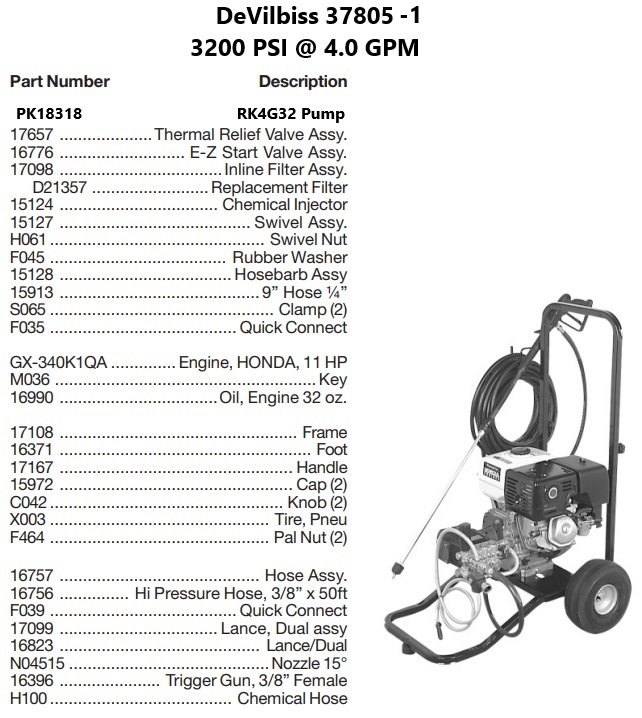DEVILBISS model 37805-1 power washer parts
