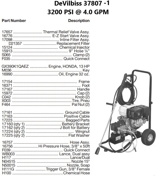 DEVILBISS model 37807-1 power washer parts