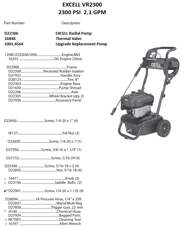 EXCELL VR2300 power washer repair parts and manual