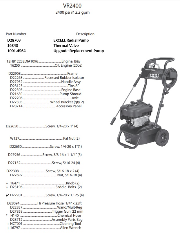 EXCELL VR2400 power washer repair parts and manual