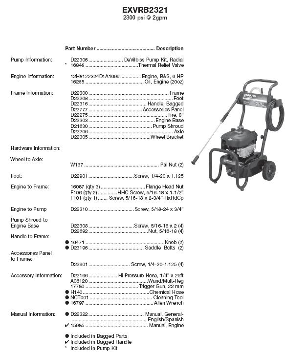 EX-CELL EXVRB2321 power washer repair parts
