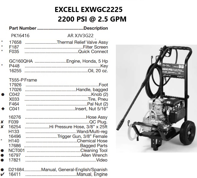 EX-CELL model EXWGC2225 power washer parts