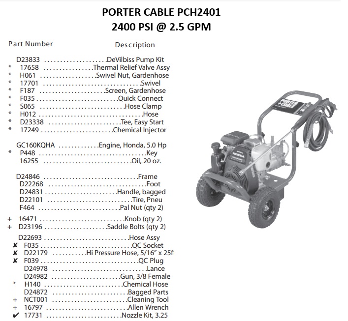 PORTER CABLE PCH2401 power washer repair parts & manuals