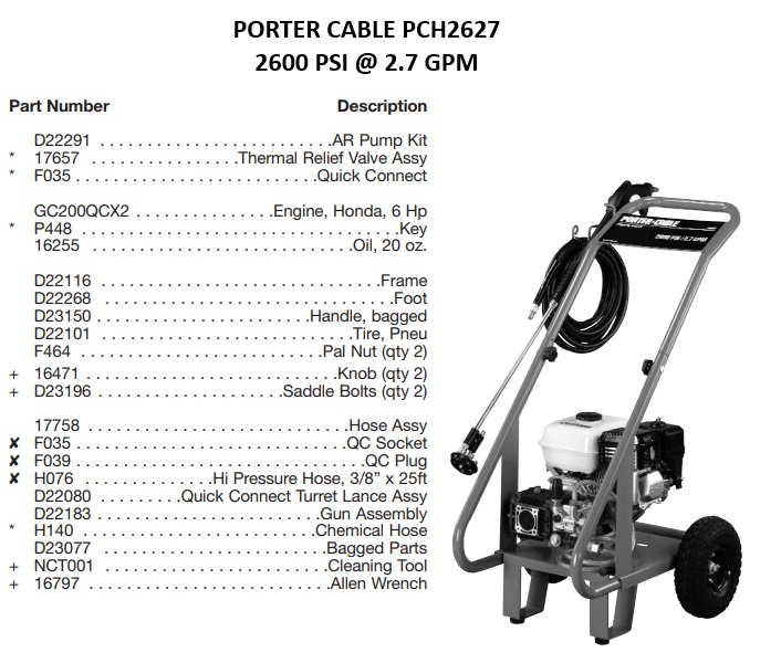 PORTER CABLE PCH2627 power washer repair parts & manuals