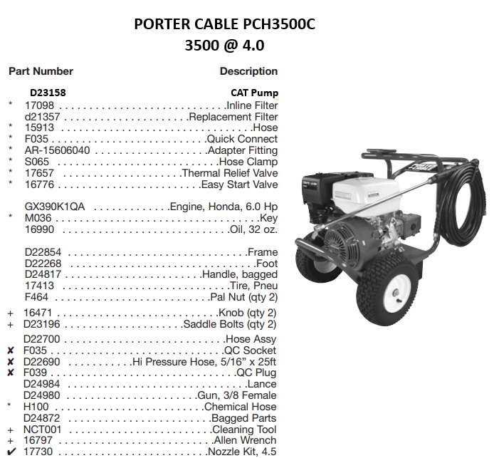 PORTER CABLE PCH3540C power washer repair parts & manuals