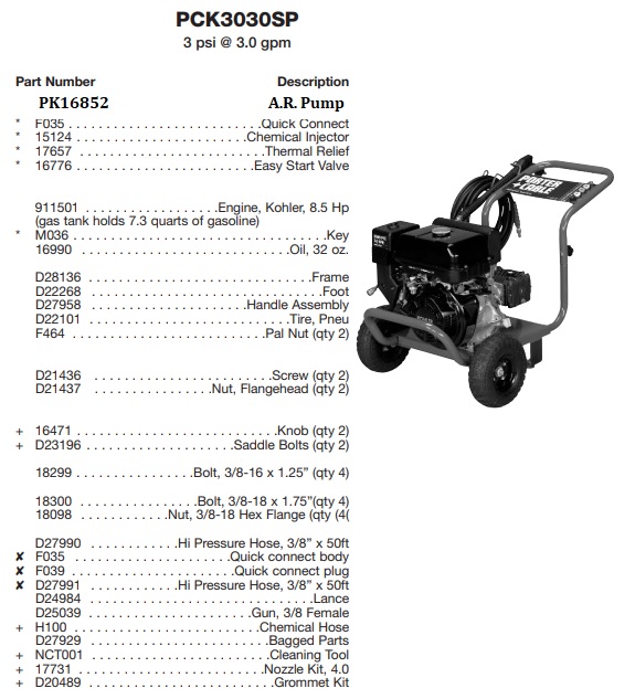 PORTER CABLE PCK3030SP power washer repair parts and manual