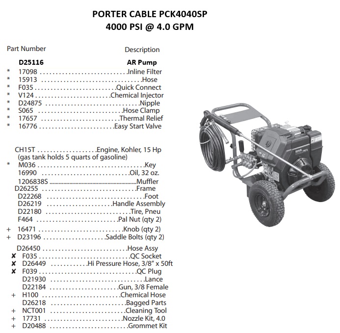 PORTER CABLE PCK4040SP power washer repair parts and manual