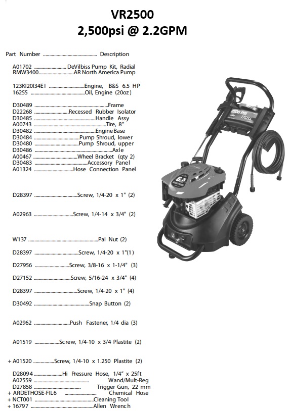 EXCELL VR2500 power washer repair parts and manual
