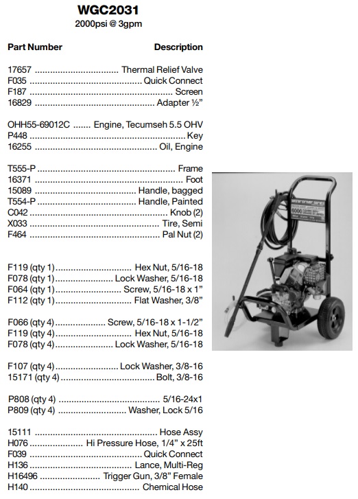 Excell water driver wgc2031 power washer repair parts & kits