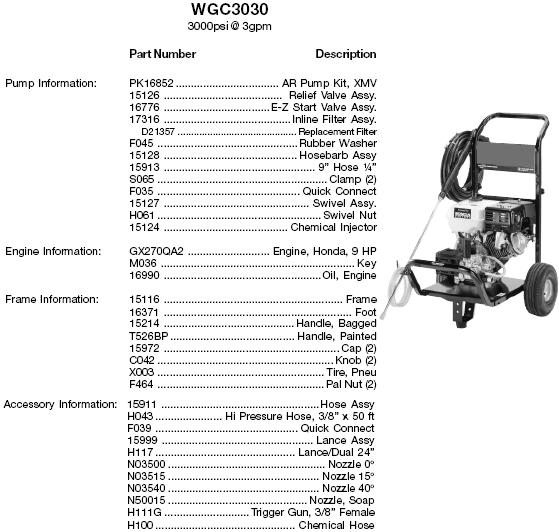 Ex-Cell Water Driver WGC3030 power washer parts