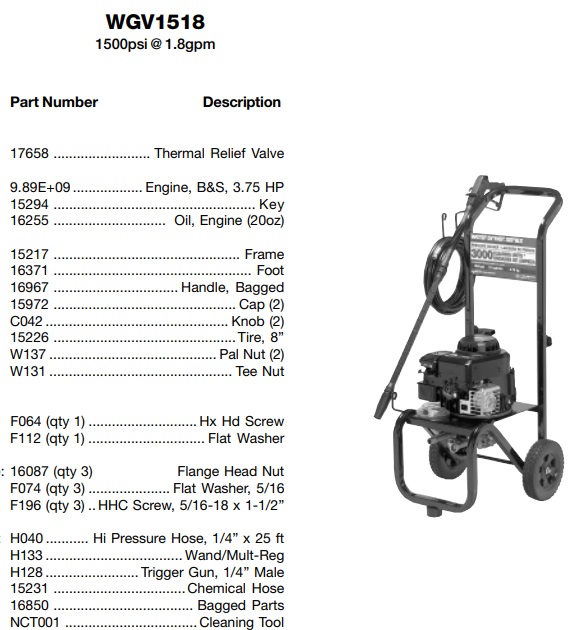 WATER DRIVER model WGV1518 power washer parts