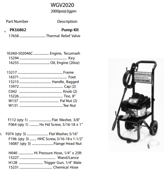Water Driver WGV2020 Pressure Washer Parts