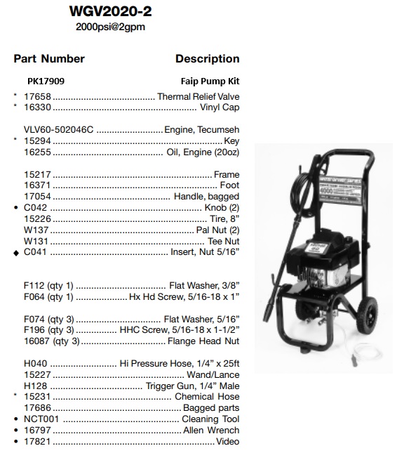 Water Driver WGV2020-2 Pressure Washer Parts