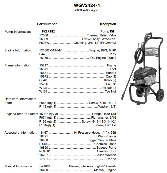 WATER DRIVER WGV2424-1 Power Washer Parts
